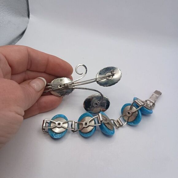 Vintage Estate Turquoise Blue Glass Bracelet Brooch Set Floral Spray Cabochon - Picture 5 of 7